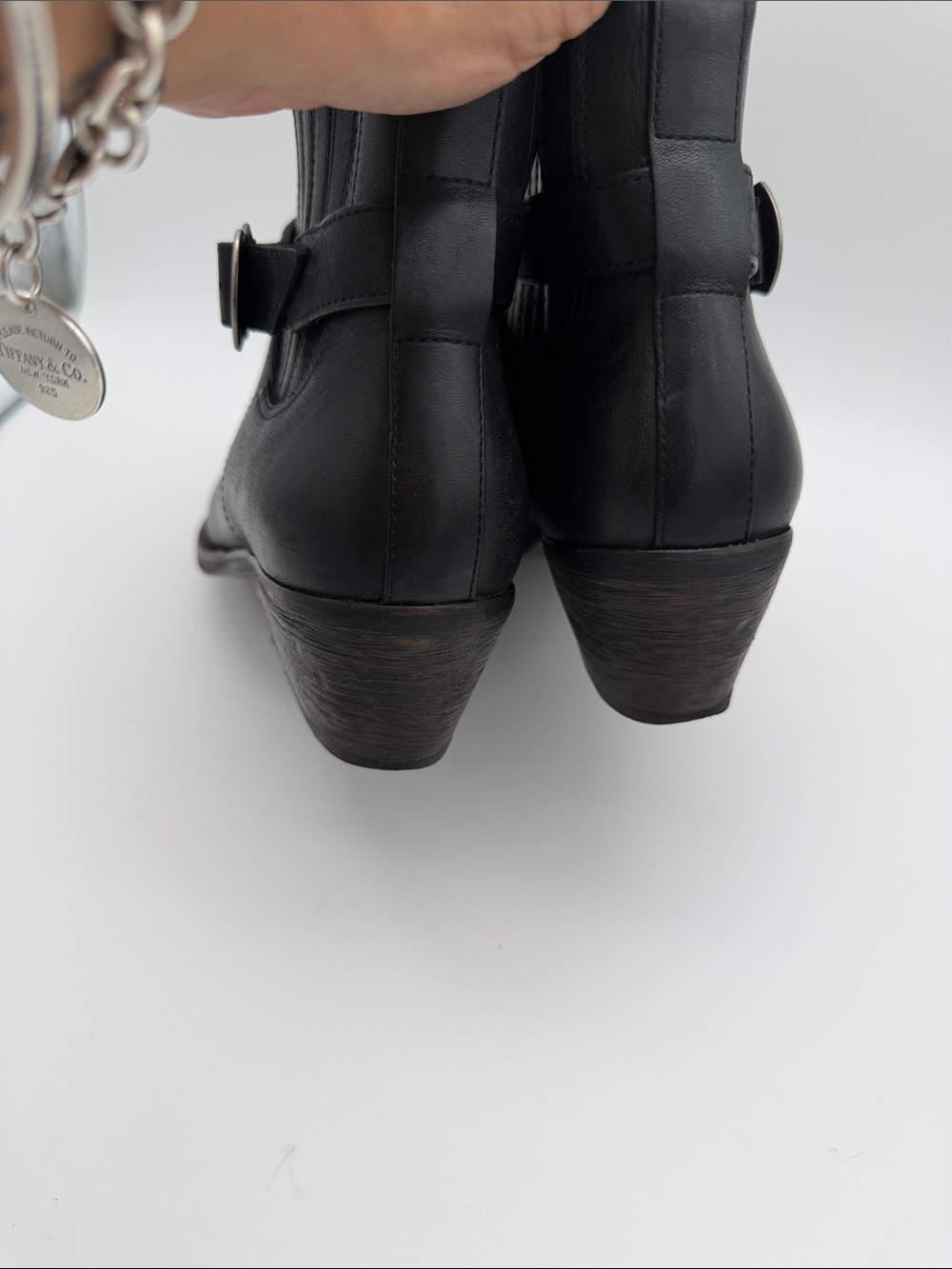 All Saints Western Style Ankle Booties Black Leather Boots Belt Sz 8 Pointed Toe - Picture 13 of 16